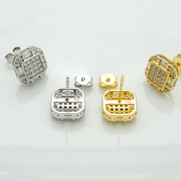 Gold CZ Stud Earrings, 14k Gold Plated 10mm Icy Bling Square CZ Studs - Picture 6 of 9